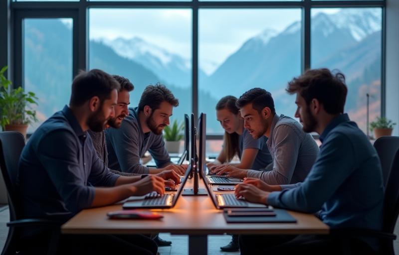 Diverse team of game developers collaborating intensely on project details in a bright, modern office space overlooking mountains, reflecting the Swiss location and collaborative spirit.