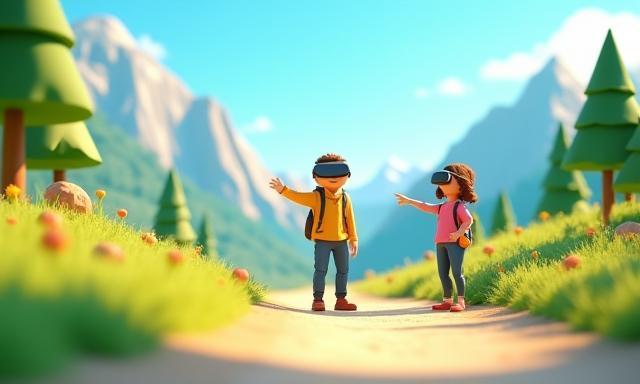 Vibrant screenshot from Alpen Explorers VR showing two players in virtual reality avatars exploring a sunny mountain trail together, pointing at interesting sights, emphasizing the game's cooperative and social nature in a natural setting.