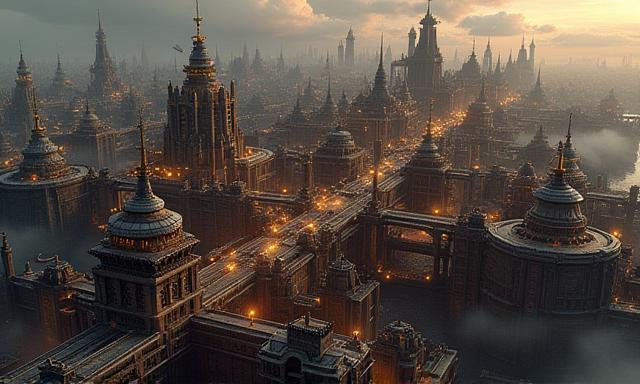 Intricate screenshot from Clockwork City Chronicles displaying a complex steampunk city built on interlocking gears and clockwork mechanisms, viewed from an aerial perspective, highlighting the game's strategic elements and detailed world design.